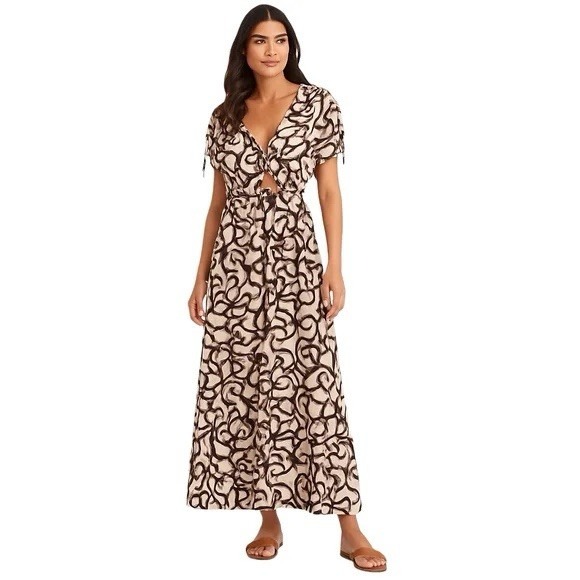 Sincerely Jules Maxi Dress Womens M Cream Black Cutout Abstract Resort Boho Chic